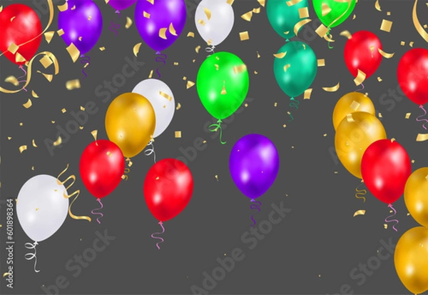 Fototapeta Colorful birthday balloons, pennants, tinsel and confetti on sky background with space for text. eps.10