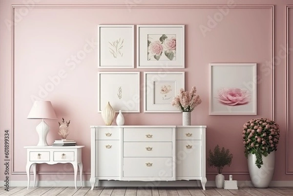 Fototapeta With a dresser, console, sofa, furniture, lamp, flower, gifts, frame, and picture, the room is modern and traditional white. mock up for an illustration. Generative AI
