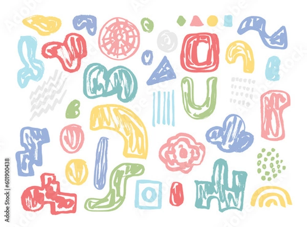 Obraz Set of bright hand drawn textured shapes and doodles. Abstract contemporary blue, red and yellow elements for banner design, patterns, flyers, posters