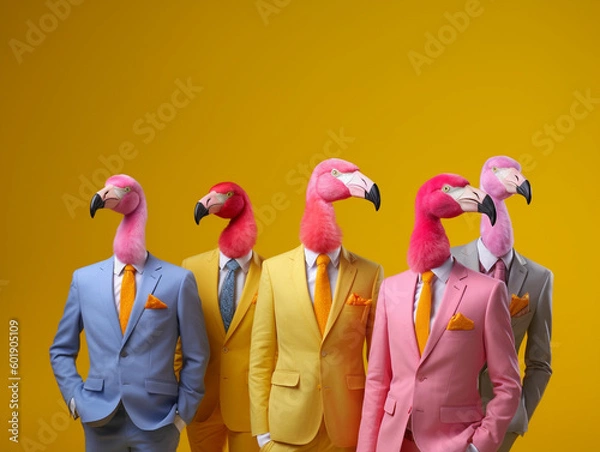 Fototapeta Popstar Flamingos in a Fashionable and Vibrant Group Photo | Generative AI