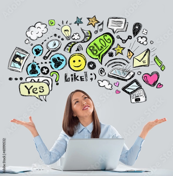 Obraz Online life concept. Business Woman looking upwards while workin