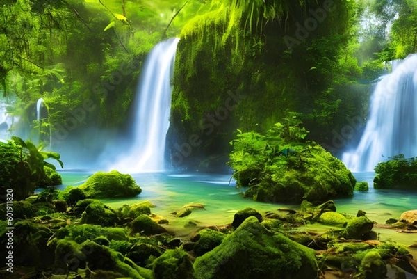 Obraz Painting. Jungle. Art. Nature. AI generated. Forest. Tropical. Wildlife. Greenery. Botanical. Abstract. Contemporary. Canvas. Digital art. Colorful. Exotic. Landscape. Rainforest. Modern. Vibrant.