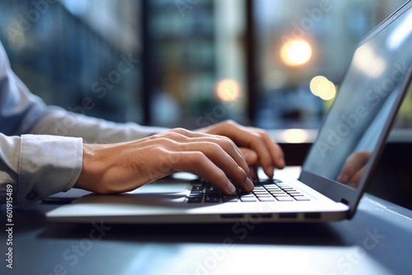 Obraz ノートパソコンで入力仕事をする男性の手元