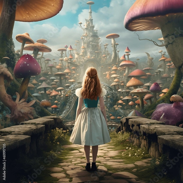 Fototapeta Alice in Wonderland in a Mushroom Kingdom Generative AI