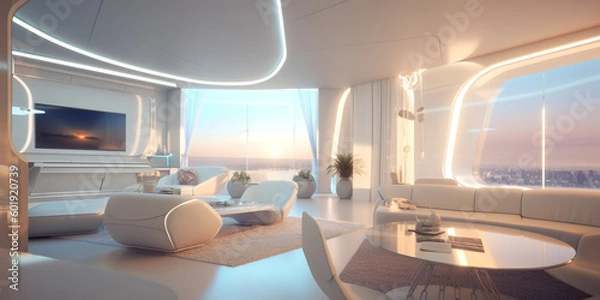 Fototapeta 3D rendering luxurious interior design and spacious living room with huge floor to ceiling panoramic windows, interior space design