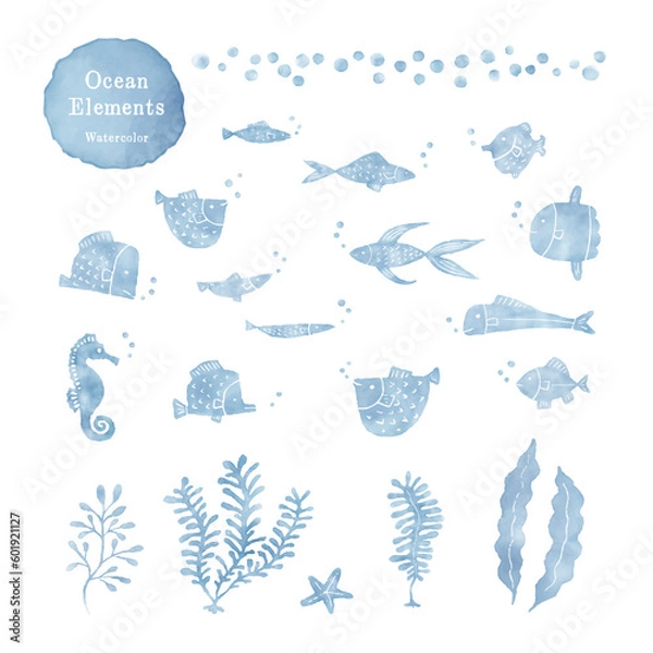 Obraz 水彩風の海素材・魚・海藻、夏のイメージ