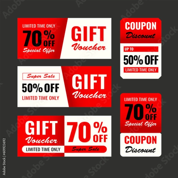 Fototapeta Vector gift voucher marketing promotion with flat design and  red color.