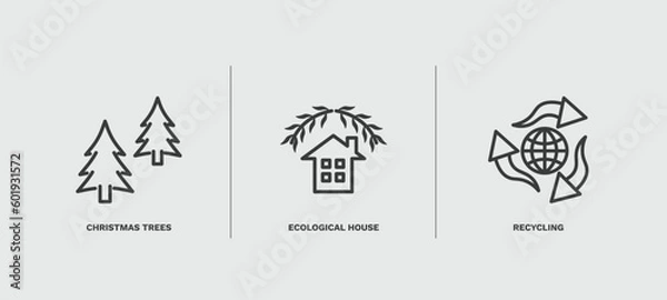 Fototapeta set of ecology thin line icons. ecology outline icons included christmas trees, ecological house, recycling vector.