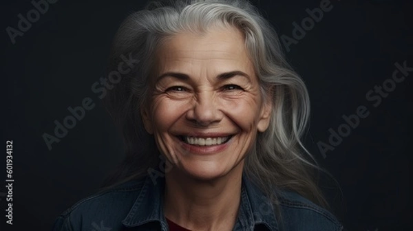 Fototapeta Portrait of a beautiful senior woman smiling at the camera on a gray background.Generative Ai