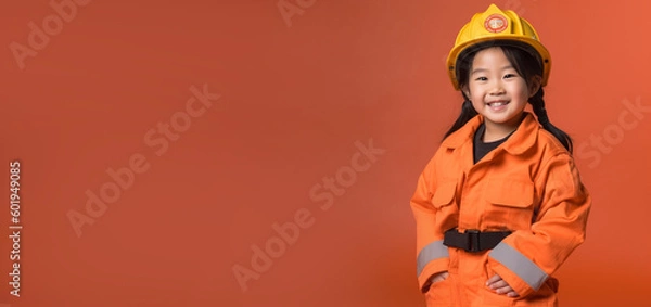 Fototapeta a smiling girl child dressed as a firefighter in soft solid orange background ai generative