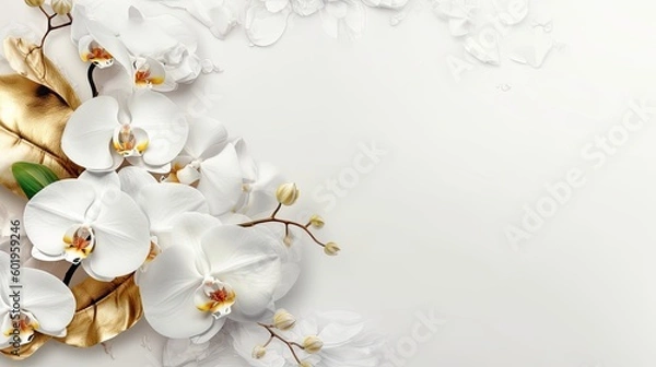 Fototapeta white orchids on white background texture - mockup copyspace wallpaper created using generative AI tools