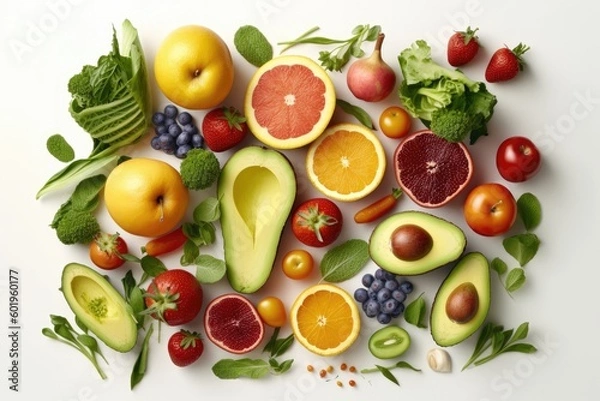 Fototapeta Fresh fruits and vegetables, healthy food, spread apart, isolated flat lay from above white background, Generative AI