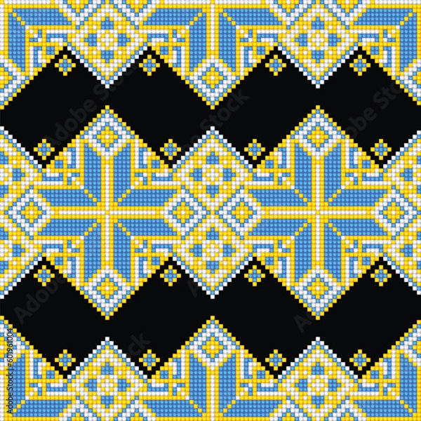 Fototapeta Cross-Stitch EmbroideriedSeamless Pattern with Ornate Element. Ethnic Motif, Handmade Stylization. Ukrainian Yellow and Blue Embroidery. Ethnic Design. Vector 3d Illustration