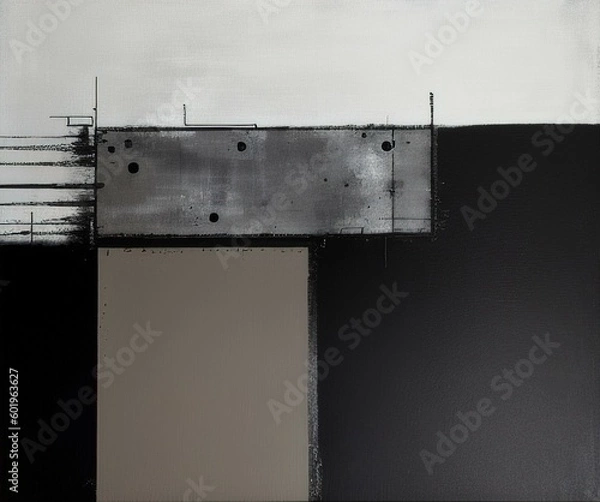 Fototapeta Constructivism dark grungy industrial style abstract art background or cover template. Black, grey and slate brown color splash. Generative AI artwork.