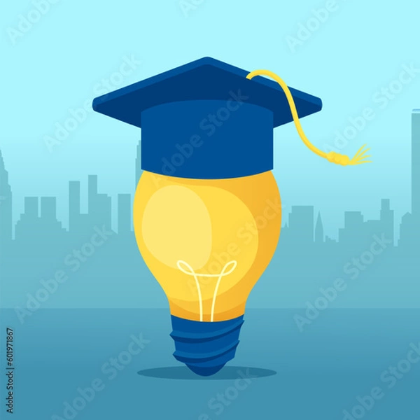 Fototapeta Vector of a bright lightbulb with a graduation cap on top on cityscape background
