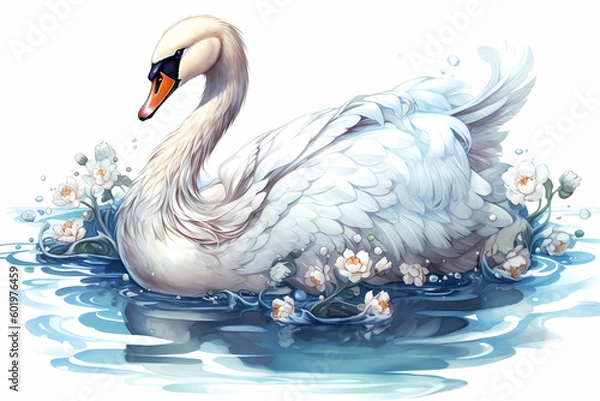 Fototapeta Swan Illustration in Anime Style, Swan in the Pond with Flowers. Generative AI