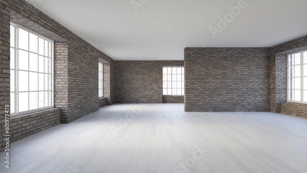 Fototapeta Empty spacious room interior with rought grey brick wall, white wooden floor and big windows. Living room or office empty space, mock up template for product display