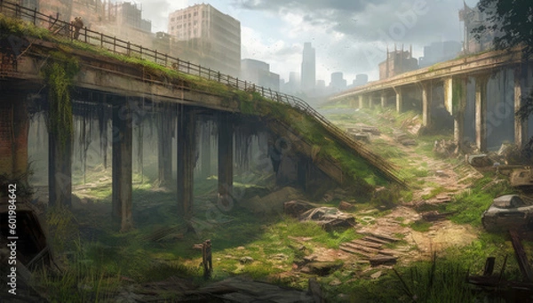 Obraz A cityscape featuring a bridge in a post-apocalyptic setting. Generative AI