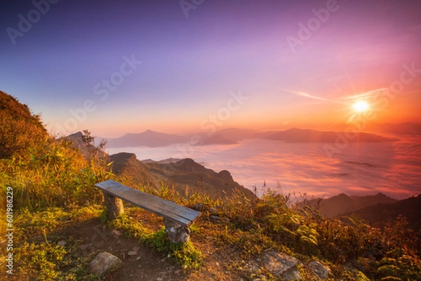 Fototapeta Landscape sea of mist on Mekong river in border  of  Thailand and Laos. Phu Chee Duean, Chiang Rai Province, Thailand.