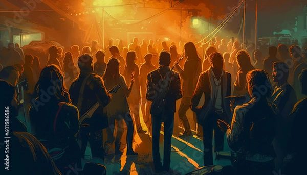 Fototapeta Group of people watching live music concert in silhouette view. Vibrant color. Generative AI