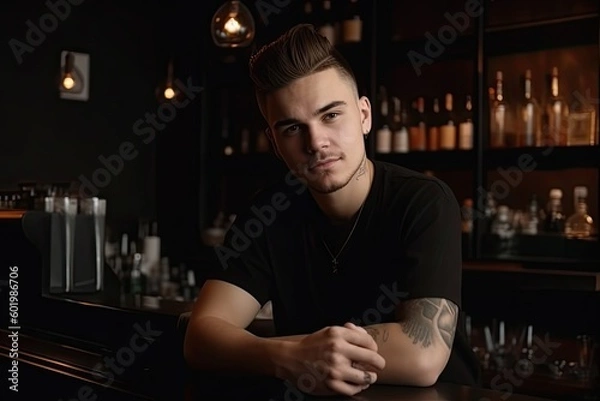 Fototapeta Portrait of a handsome barista in black t - shirt and apron in modern cafe. Ai generative.