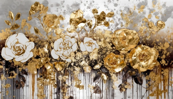 Fototapeta A golden yellow and white floral oil painting art and abstract textured wall decor. Generative AI