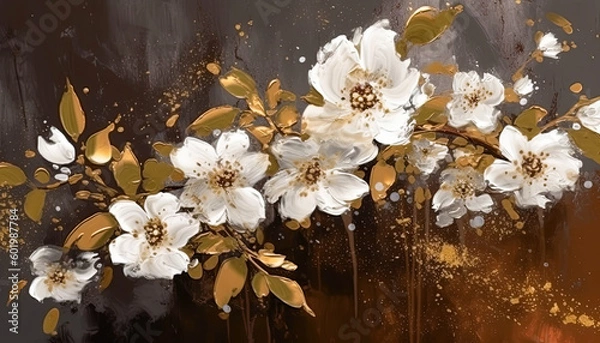 Fototapeta A golden yellow and white floral oil painting art and abstract textured wall decor. Generative AI
