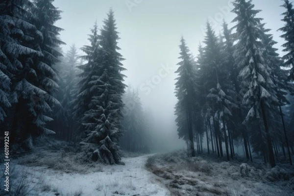 Fototapeta Enchanting Christmas scene of snowy trees in a forest, with glistening white branches and a serene winter ambiance. A magical winter wonderland. Generative AI.