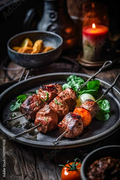 Obraz Appetitive Grilled meat shashlik, shish kebab with vegetables on wooden board. Good food.