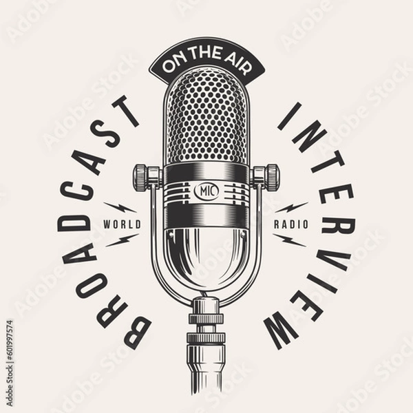 Obraz Vintage studio microphone isolated. On the air symbol concept. Black and white monochrome hand drawn vector illustration. 