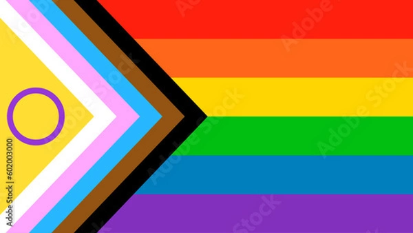 Obraz Progress Flag. LGBT Pride Flag 2021. Background BG Rainbow. Multicolored Inclusive Intersex. Horizontal Stripes Rectangle. LGBTQ+ Movement Event Parade.