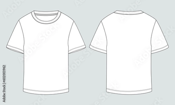Fototapeta Short sleeve t shirt technical drawing fashion flat sketch vector illustration template front and back views