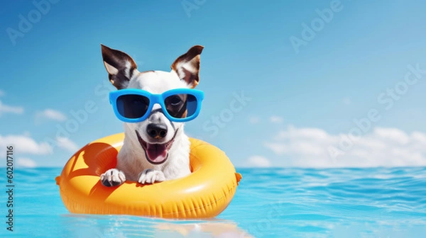 Obraz Dog wearing sunglasses and swimming circle on the blue sea background. The concept of a summer holiday by the sea. Generative ai