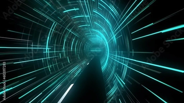 Fototapeta speed of digital lights, neon glowing rays in motion into digital technologic tunnels. generative ai