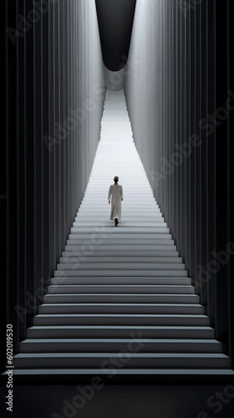 Fototapeta A woman is walking down a white staircase. AI generative