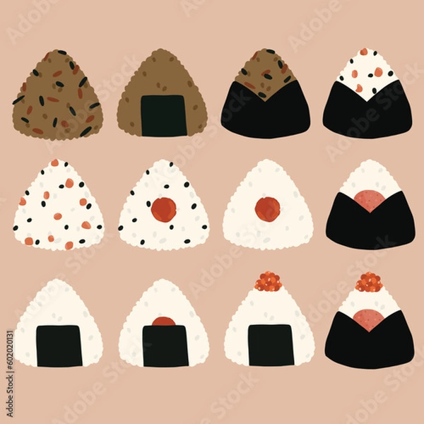 Fototapeta a hand drawn vector illustration set of onigiri rice balls, ideal for Japanese theme artwork, post card, printing and greeting card