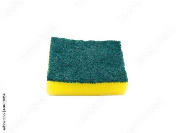 Fototapeta Green and yellow sponge for washing dishes isolated on white background. Object for cleaning dishware, utensils and kitchen. png with transparency
