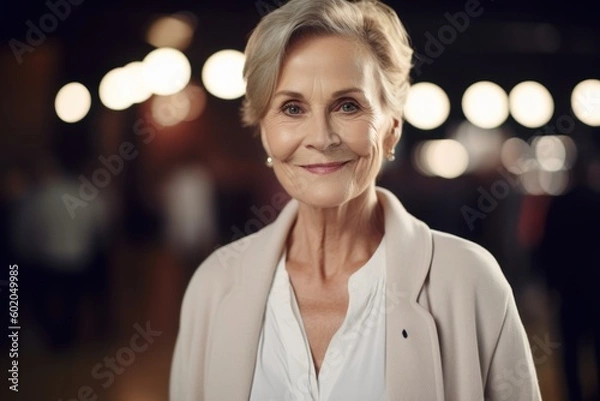 Fototapeta Portrait of smiling senior businesswoman looking at camera while standing in office