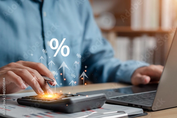 Fototapeta Percentage increase in interest rates and dividends. Return on stocks and mutual funds, Long term Investments for retirement.