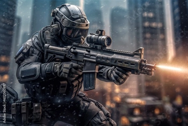 Fototapeta An image of a special forces sniper taking aim from a strategic position. Generative AI