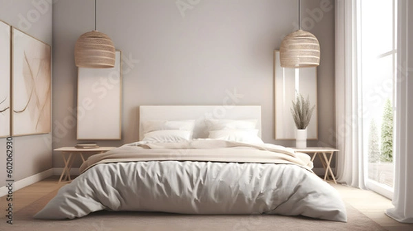 Fototapeta Vertical two frame mockup in boho bedroom interior with wooden floor and white bed. Beige blanket, cushion and dried grass. Basket and wicker lamp on wall. 3d rendering.