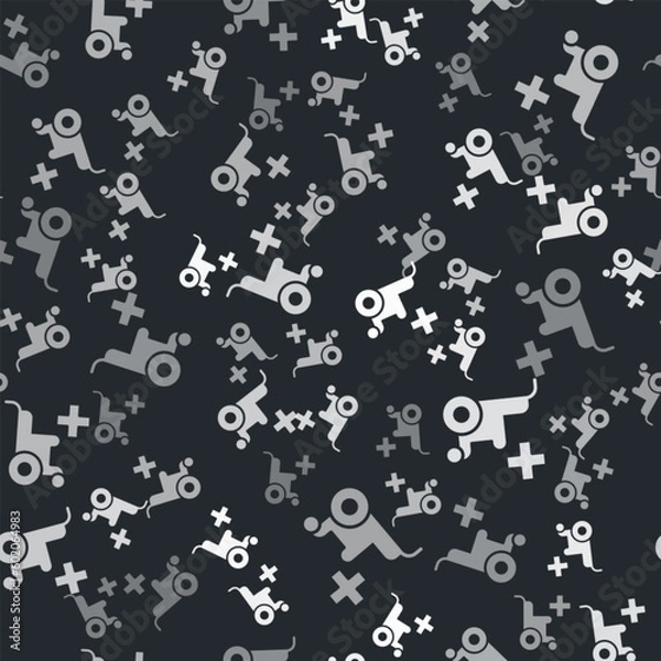 Fototapeta Grey Wheelchair for disabled person icon isolated seamless pattern on black background. Vector