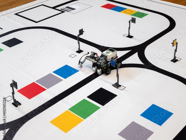 Obraz Line Following Robot is doing task to move from one point to another on the mat. Programmable robots