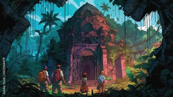 Fototapeta An adventure scene of a group of explorers discovering a lost temple in the jungle. Fantasy concept , Illustration painting. Generative AI