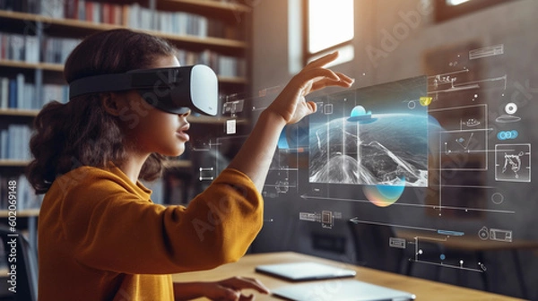 Fototapeta Child Using AR Headset in Classroom. Generative AI