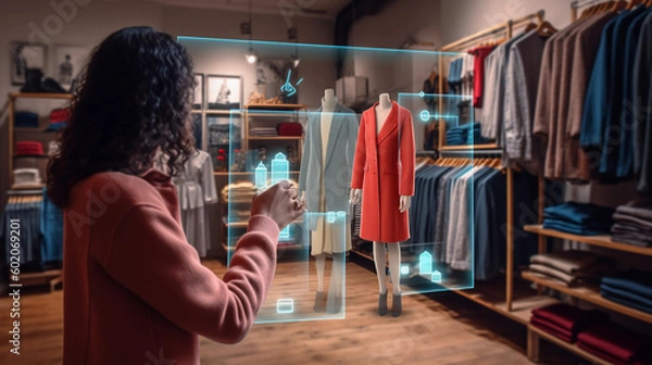 Fototapeta Person Using Augmented Reality to Explore Virtual Product Displays in a Shop. Generative AI