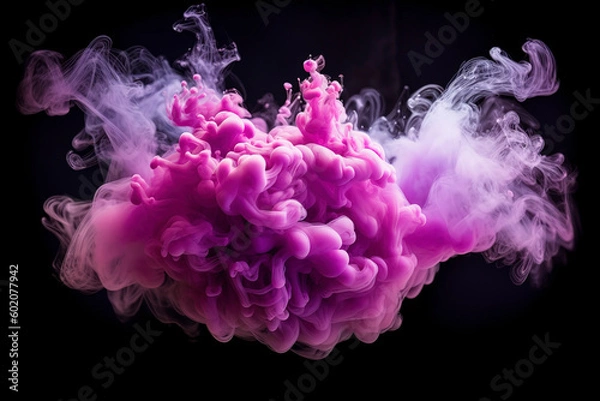 Fototapeta Fluid splash, similar to color vapor or ink in water. The explosion of pink and purple glowing glitter particles forms a mesmerizing smoke cloud against a dark black background.
