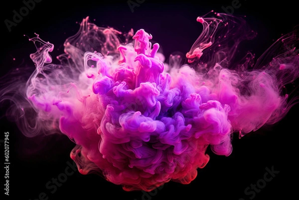 Fototapeta Fluid splash, similar to color vapor or ink in water. The explosion of pink and purple glowing glitter particles forms a mesmerizing smoke cloud against a dark black background.