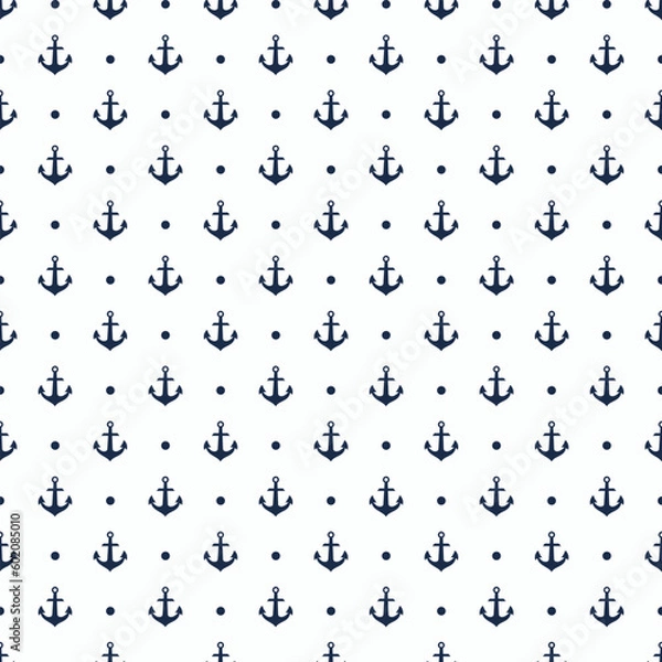 Fototapeta mini simple oceanic silhouette, navy blue anchor with dots on white seamless pattern for background, wallpaper, texture, textile, banner, label, summer theme, flat vector design.