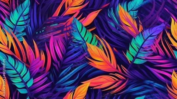 Obraz Seamless tropical neon leaves pattern